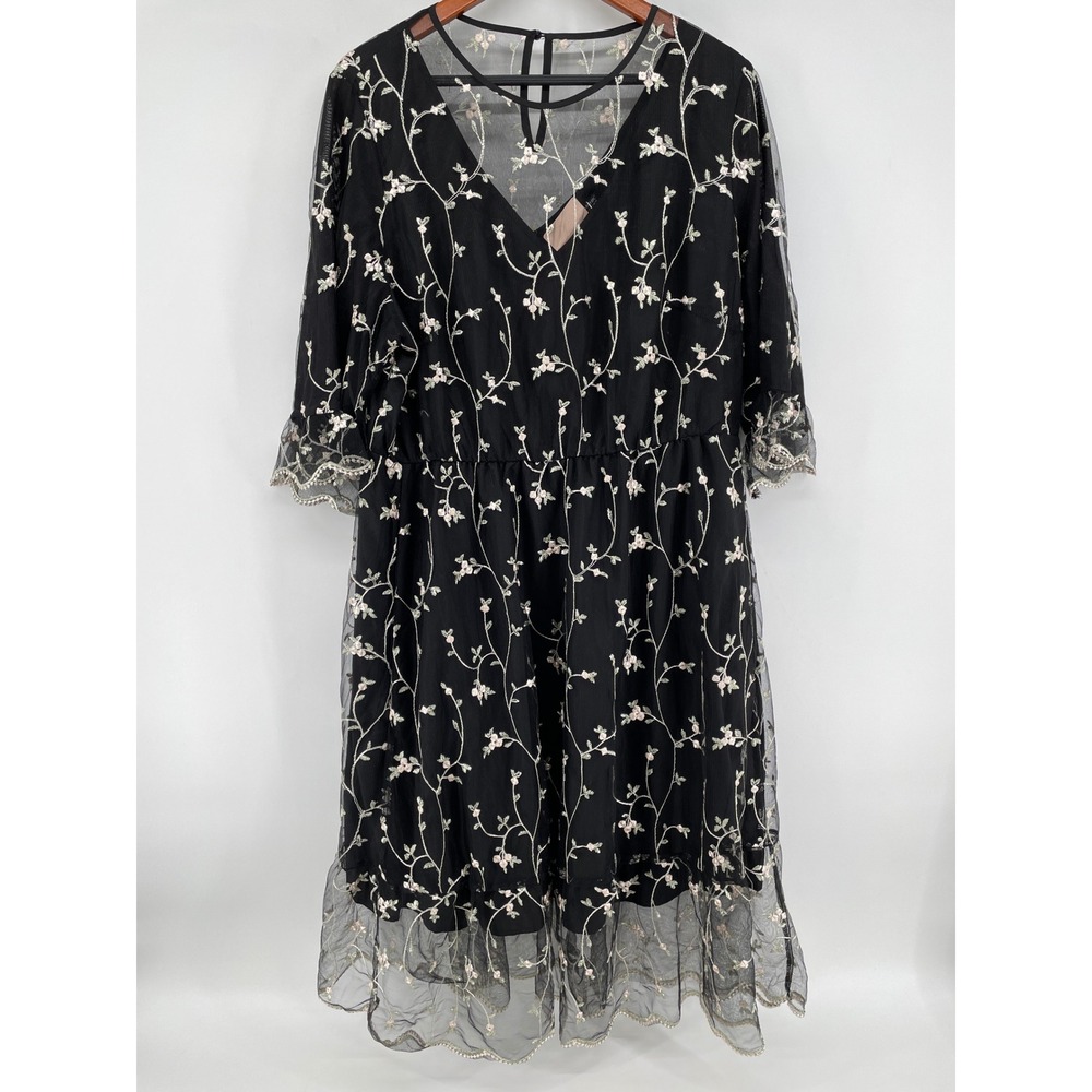 Dark Floral Midi Dress Womens 18 Black Cottagecore Sheer Overlay Embroidered NEW